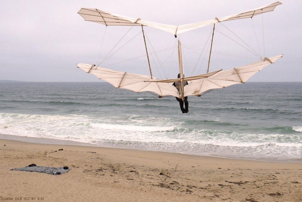 Flug des Lilienthal-Doppeldeckers: Die Flüge waren bis zu 100 Meter weit – von den Dünen bis zum Meer.