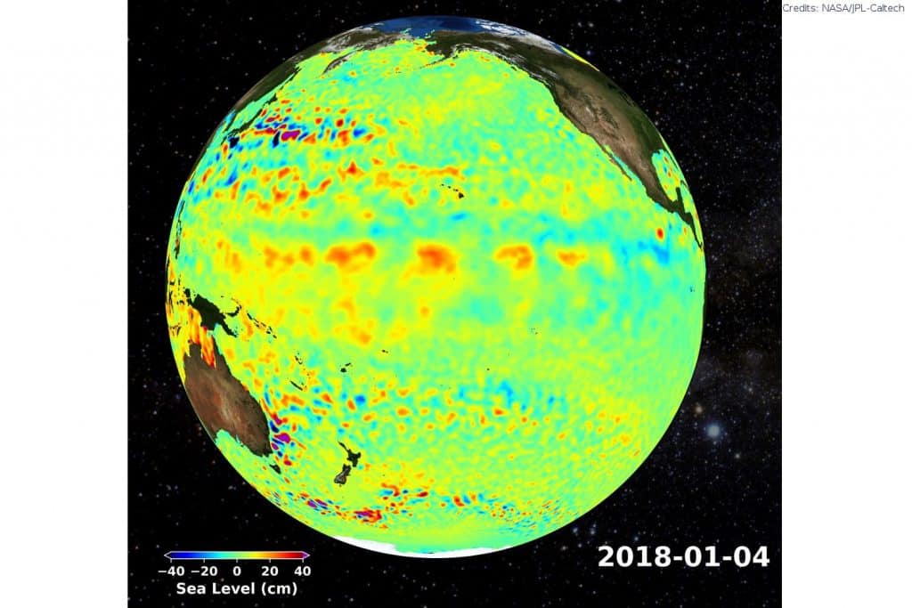 Jason OSTM: Veränderung der Meeresspiegelhöhe am Pazifischen Ozean in der ersten Januarwoche 2018. Erhöhte Meresstände sind rötlich, tiefer Pegel bläuich eingefärbt.