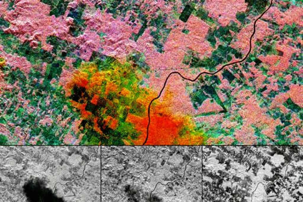 SIR-C/X-SAR-Aufnahme eines Starkregenevents in der Nähe von Manaus im Amazonas: Die Bilder in der unteren Reihe zeigen von links nach rechts, X-, C-, und L-Band. In der Überlagerung sind die Einzelbilder blau, grün und rot und kodiert. Dieses Beispiel zeigt die zunehmende Signaldämpfung durch den Regen mit Radarfrequenz im C-Band und X-Band, während das L-Band weitgehend unbeeinflusst ist.